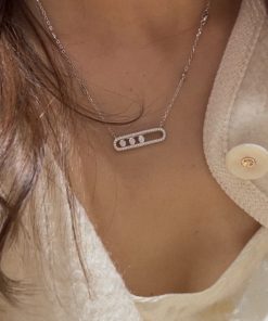 High-Quality 925 Sterling Silver Full Diamond Rolling Paperclip Necklace for Women, White Gold Plated, Light Luxury Jewelry