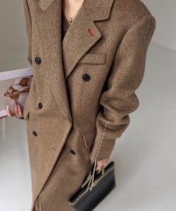 High-Quality Hazelnut Rum Long Double-Sided Wool Suit Coat in Sheep Wool and Yak Cashmere - Chic Layering for Fall/Winter