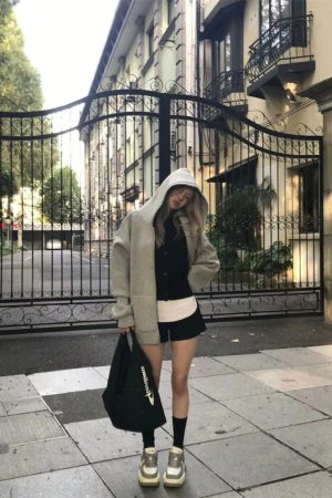 High-Quality Loose Fit Hooded Sweatshirt with Double-Headed Zipper for Women - Trendy Air Layer Jacket