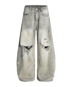 High Street American Style Wide-Leg Ripped Jeans with Splatter and Dirty Dye, Curved Knife Design, Summer Fashion for Trendsetters