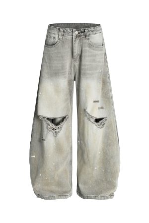 High Street American Style Wide-Leg Ripped Jeans with Splatter and Dirty Dye, Curved Knife Design, Summer Fashion for Trendsetters