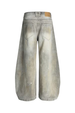 High Street American Style Wide-Leg Ripped Jeans with Splatter and Dirty Dye, Curved Knife Design, Summer Fashion for Trendsetters