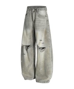 High Street American Style Wide-Leg Ripped Jeans with Splatter and Dirty Dye, Curved Knife Design, Summer Fashion for Trendsetters