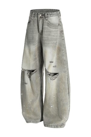 High Street American Style Wide-Leg Ripped Jeans with Splatter and Dirty Dye, Curved Knife Design, Summer Fashion for Trendsetters