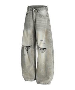 High Street American Style Wide-Leg Ripped Jeans with Splatter and Dirty Dye, Curved Knife Design, Summer Fashion for Trendsetters