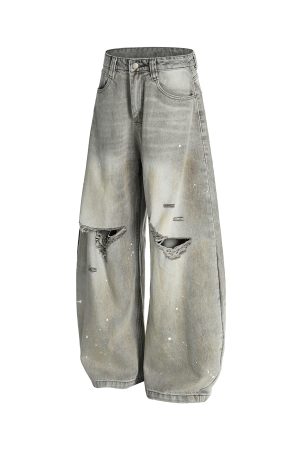 High Street American Style Wide-Leg Ripped Jeans with Splatter and Dirty Dye, Curved Knife Design, Summer Fashion for Trendsetters