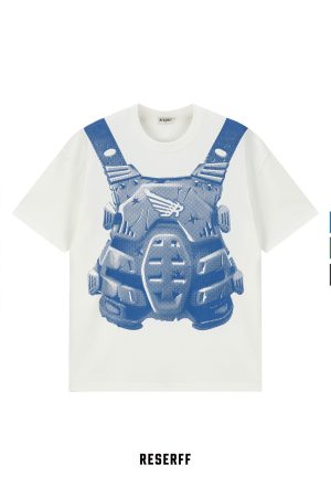 High Street American Vintage Pixel Bullet Hole Short Sleeve T-Shirt in Pure Cotton - Mecha Design, Retro Style