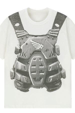 High Street American Vintage Pixel Bullet Hole Short Sleeve T-Shirt in Pure Cotton - Mecha Design, Retro Style