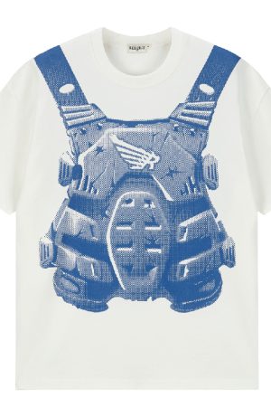 High Street American Vintage Pixel Bullet Hole Short Sleeve T-Shirt in Pure Cotton - Mecha Design, Retro Style
