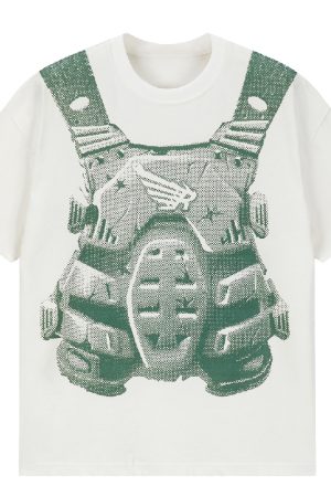 High Street American Vintage Pixel Bullet Hole Short Sleeve T-Shirt in Pure Cotton - Mecha Design, Retro Style