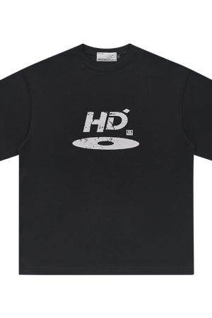 High Street Casual Disc Logo Printed Short-Sleeve T-Shirt for Men - Trendy Urban Style, American Aesthetic