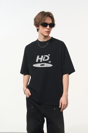 High Street Casual Disc Logo Printed Short-Sleeve T-Shirt for Men - Trendy Urban Style, American Aesthetic