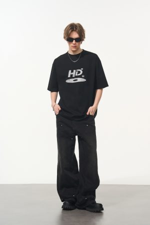 High Street Casual Disc Logo Printed Short-Sleeve T-Shirt for Men - Trendy Urban Style, American Aesthetic