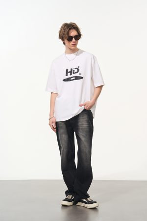 High Street Casual Disc Logo Printed Short-Sleeve T-Shirt for Men - Trendy Urban Style, American Aesthetic