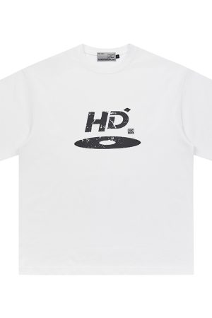 High Street Casual Disc Logo Printed Short-Sleeve T-Shirt for Men - Trendy Urban Style, American Aesthetic