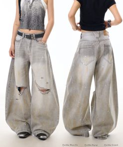 High Street Ink Splash Distressed Water-Washed Denim Jeans for Women, Curved Blade Wide-Leg Pants, Casual American Style Fashion