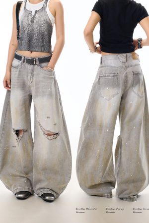 High Street Ink Splash Distressed Water-Washed Denim Jeans for Women, Curved Blade Wide-Leg Pants, Casual American Style Fashion