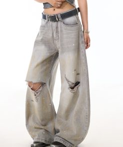 High Street Ink Splash Distressed Water-Washed Denim Jeans for Women, Curved Blade Wide-Leg Pants, Casual American Style Fashion