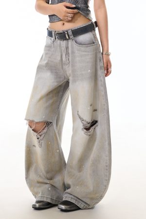High Street Ink Splash Distressed Water-Washed Denim Jeans for Women, Curved Blade Wide-Leg Pants, Casual American Style Fashion