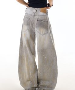 High Street Ink Splash Distressed Water-Washed Denim Jeans for Women, Curved Blade Wide-Leg Pants, Casual American Style Fashion