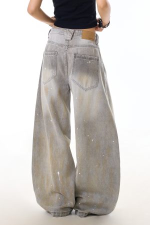 High Street Ink Splash Distressed Water-Washed Denim Jeans for Women, Curved Blade Wide-Leg Pants, Casual American Style Fashion