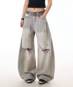 High Street Ink Splash Distressed Water-Washed Denim Jeans for Women, Curved Blade Wide-Leg Pants, Casual American Style Fashion