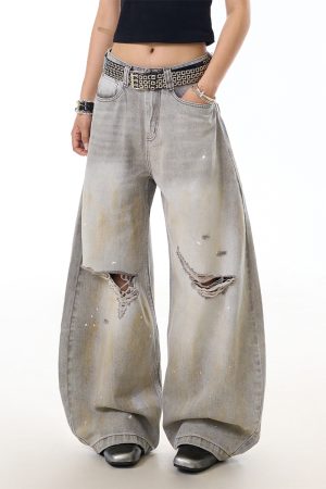 High Street Ink Splash Distressed Water-Washed Denim Jeans for Women, Curved Blade Wide-Leg Pants, Casual American Style Fashion