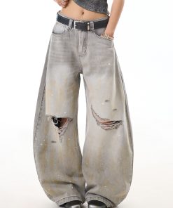High Street Ink Splash Distressed Water-Washed Denim Jeans for Women, Curved Blade Wide-Leg Pants, Casual American Style Fashion