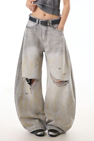 High Street Ink Splash Distressed Water-Washed Denim Jeans for Women, Curved Blade Wide-Leg Pants, Casual American Style Fashion