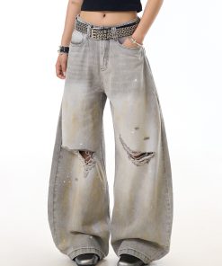 High Street Ink Splash Distressed Water-Washed Denim Jeans for Women, Curved Blade Wide-Leg Pants, Casual American Style Fashion
