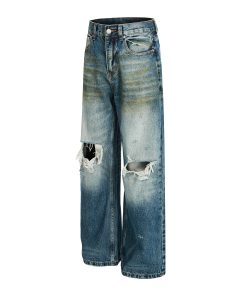 High Street Loose Floor-Length Denim Pants with Inside Patch Hole Design â€“ Straight Leg American Style for a Trendy Vibe