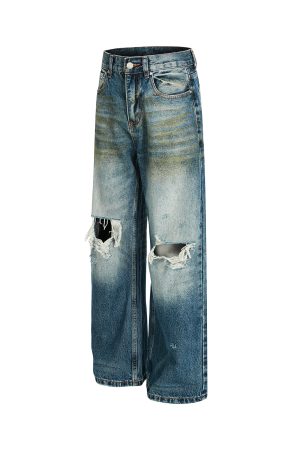 High Street Loose Floor-Length Denim Pants with Inside Patch Hole Design â€“ Straight Leg American Style for a Trendy Vibe
