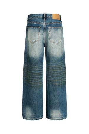 High Street Loose Floor-Length Denim Pants with Inside Patch Hole Design â€“ Straight Leg American Style for a Trendy Vibe