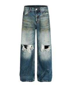 High Street Loose Floor-Length Denim Pants with Inside Patch Hole Design â€“ Straight Leg American Style for a Trendy Vibe