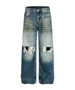 High Street Loose Floor-Length Denim Pants with Inside Patch Hole Design â€“ Straight Leg American Style for a Trendy Vibe