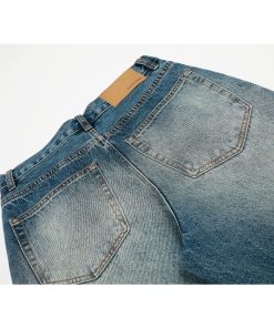 High Street Loose Floor-Length Denim Pants with Inside Patch Hole Design â€“ Straight Leg American Style for a Trendy Vibe