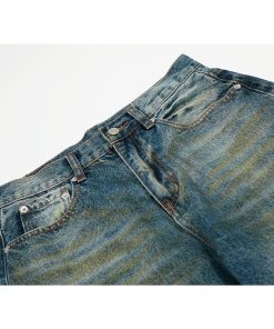 High Street Loose Floor-Length Denim Pants with Inside Patch Hole Design â€“ Straight Leg American Style for a Trendy Vibe