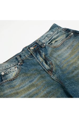 High Street Loose Floor-Length Denim Pants with Inside Patch Hole Design â€“ Straight Leg American Style for a Trendy Vibe