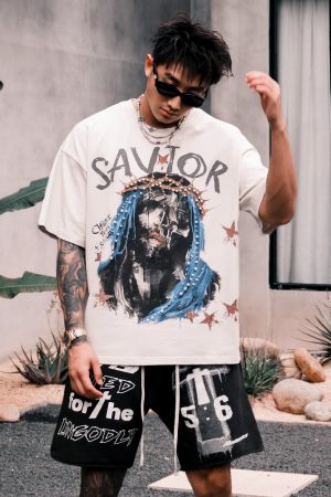 High Street Retro Trend 3D Pearl Hand-Painted Illustration Short Sleeve Loose Fit Pure Cotton T-Shirt