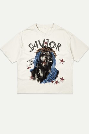 High Street Retro Trend 3D Pearl Hand-Painted Illustration Short Sleeve Loose Fit Pure Cotton T-Shirt