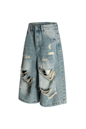 High Street Vintage Ripped Denim Shorts for Summer, Loose Wide-Leg Cropped Design, American 90s Style Fashion