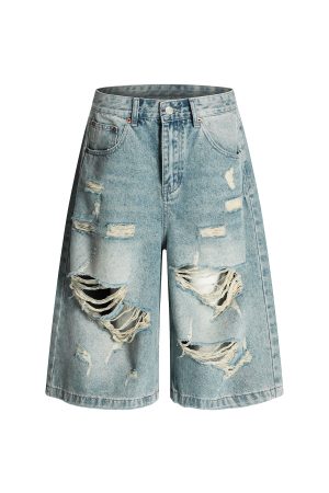 High Street Vintage Ripped Denim Shorts for Summer, Loose Wide-Leg Cropped Design, American 90s Style Fashion