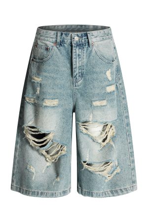 High Street Vintage Ripped Denim Shorts for Summer, Loose Wide-Leg Cropped Design, American 90s Style Fashion