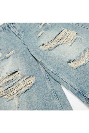 High Street Vintage Ripped Denim Shorts for Summer, Loose Wide-Leg Cropped Design, American 90s Style Fashion