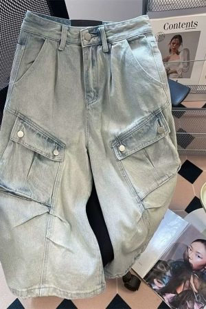 High Street Vintage Washed Denim Shorts for Men and Women - Summer Loose Casual Wide-Leg 90s Style