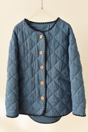 High-Strength Denim Shell Jacket with Embroidered Diamonds, Snow-Like Quilted Design, Heat-Retaining, Volcanic Rock Technology