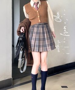 High Waist Pleated JK Plaid Skirt for Women - Cute Pudding Bear Design, Y2K Style, Short Uniform Skirt, Akita Print