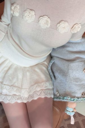 High Waist Slim Fit White Knitted Lace Trim Cake Skirt - Spring Mohair Style for Trendy Women's Fashion