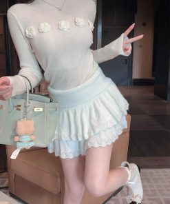 High Waist Slim Fit White Knitted Lace Trim Cake Skirt - Spring Mohair Style for Trendy Women's Fashion