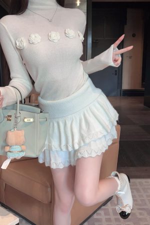 High Waist Slim Fit White Knitted Lace Trim Cake Skirt - Spring Mohair Style for Trendy Women's Fashion